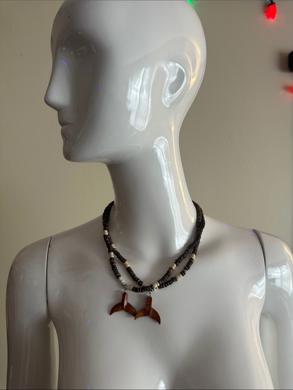 Two Handcrafted Brown Wooden Whale Tail Bead Necklaces - Double Strand